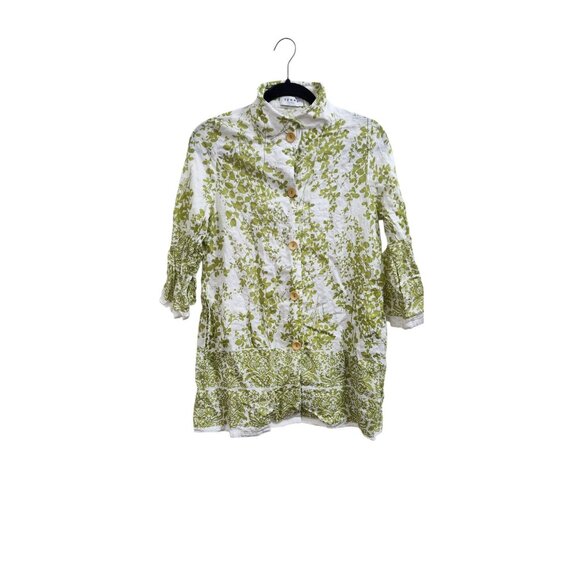 Terra SJ Apparel Green Floral Tunic Blouse Women’s S Cotton Rayon Button Front - Picture 10 of 15
